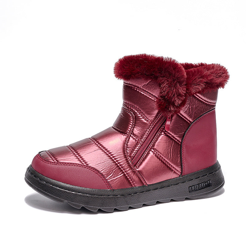 Winter snow boots, burgundy faux-leather with plush fur cuff, side zipper, chunky tread sole