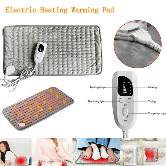 Gray electric heating warming pad with controller and power cord, quilted texture