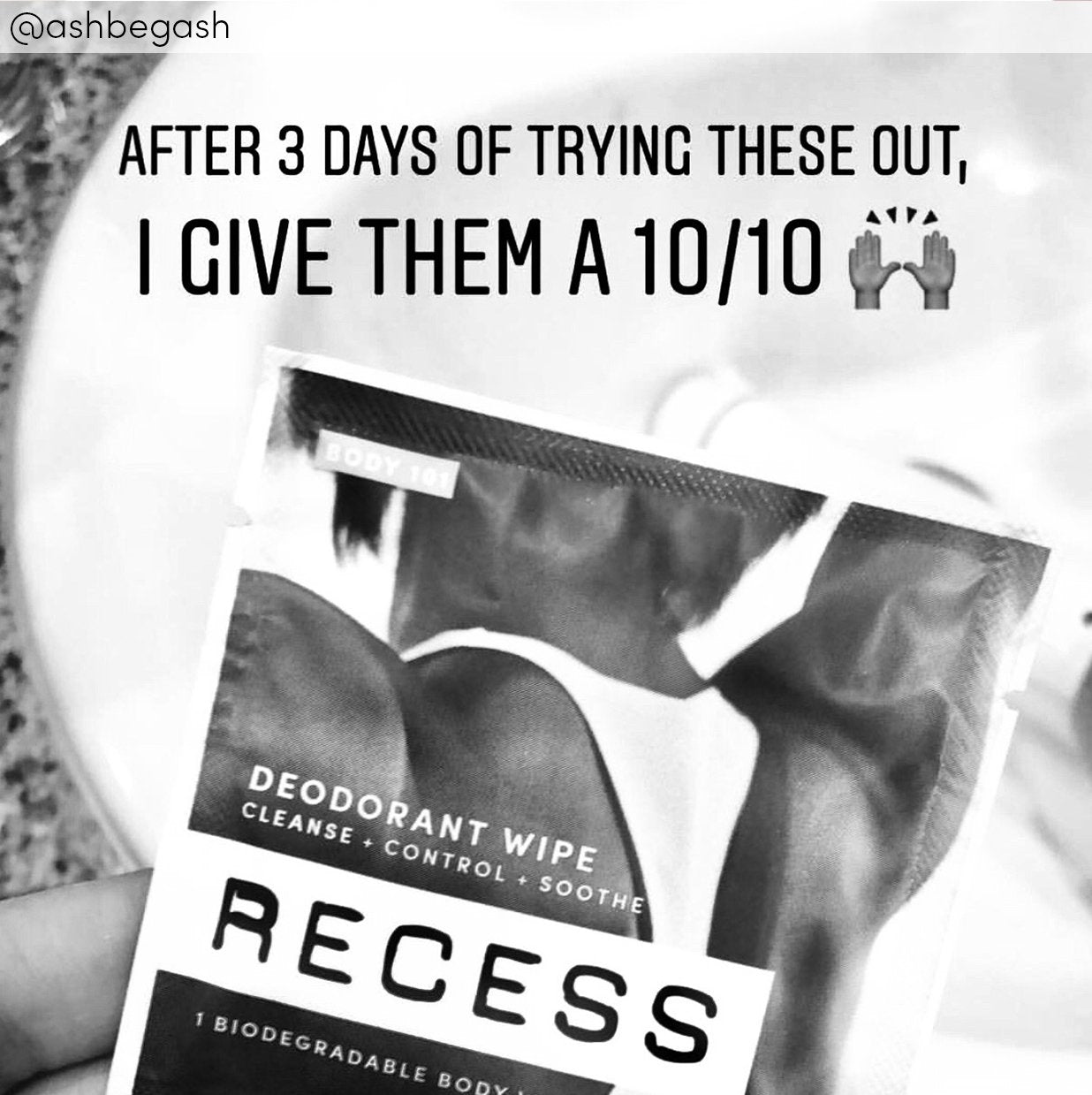 Person holding Recess deodorant wipes with a text overlay on a blurred background