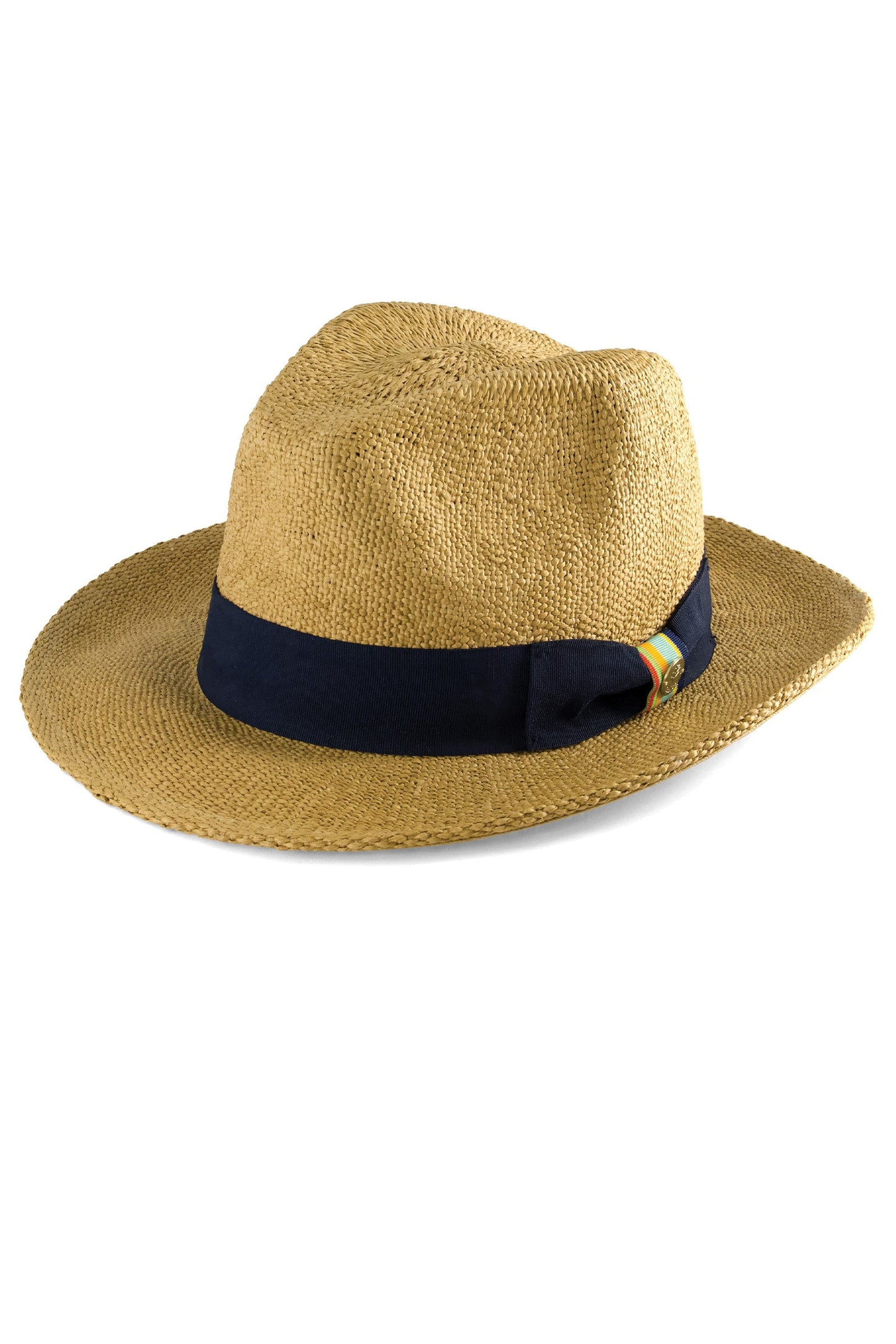 Toast woven fedora with navy rugby stripe band and side detail