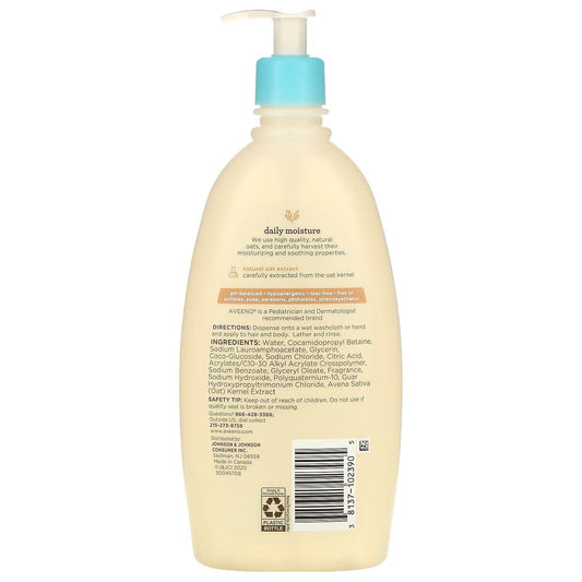 Aveeno baby wash & shampoo bottle back with pump; labels and ingredients panel