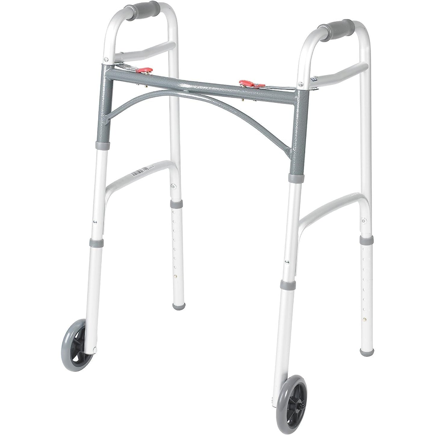 Gray and white folding walker with wheels, curved hand grips, and foldable frame
