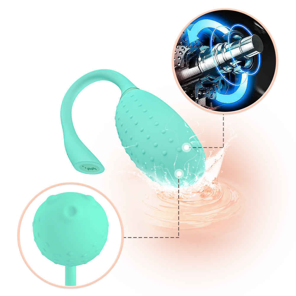 Light teal silicone massager with textured head and handle, showing inner vibration detail.