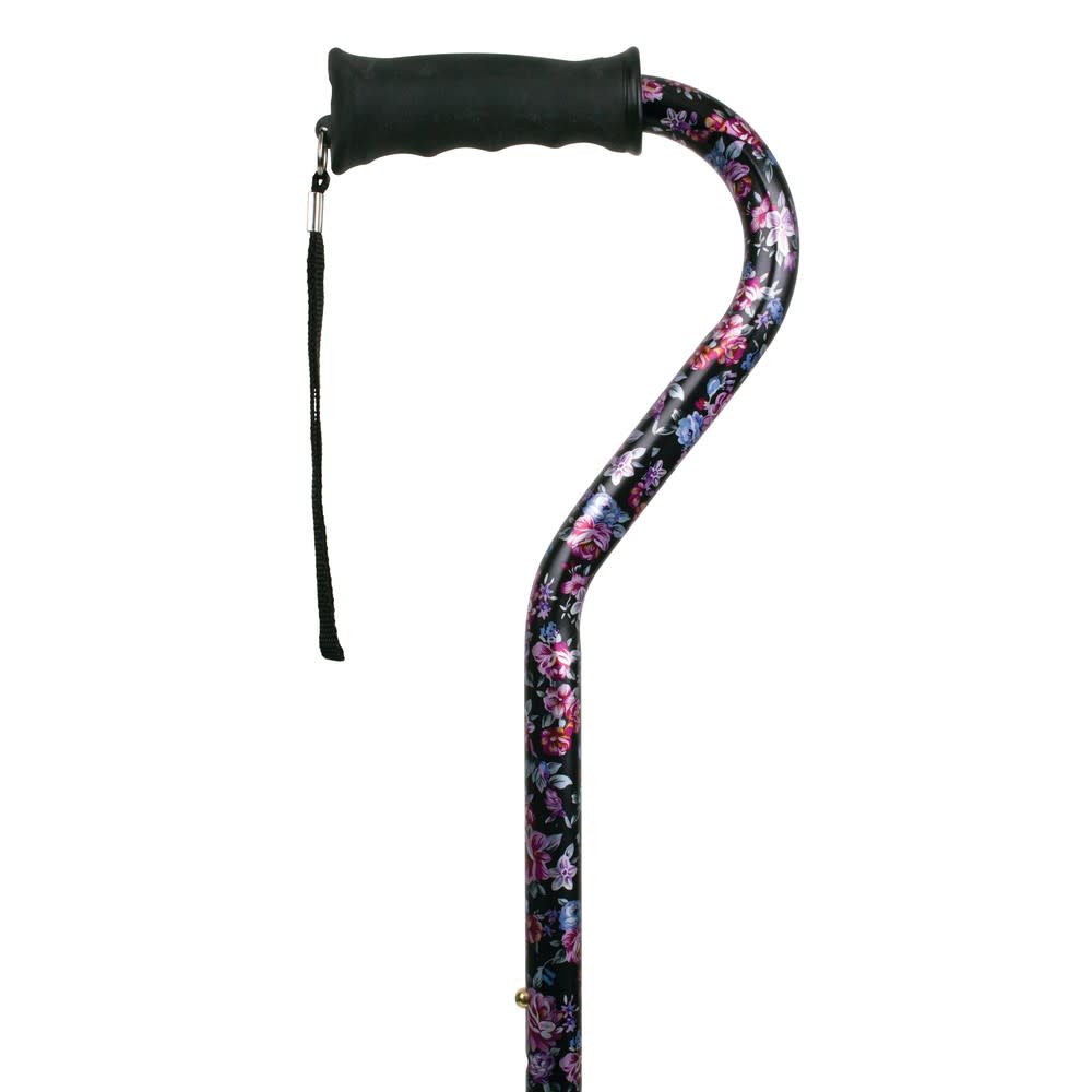 Ergo offset walking cane with black padded handle and dark floral patterned shaft