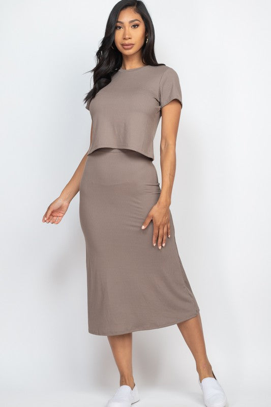 Ribbed solid crop top and midi skirt set, short sleeves, taupe