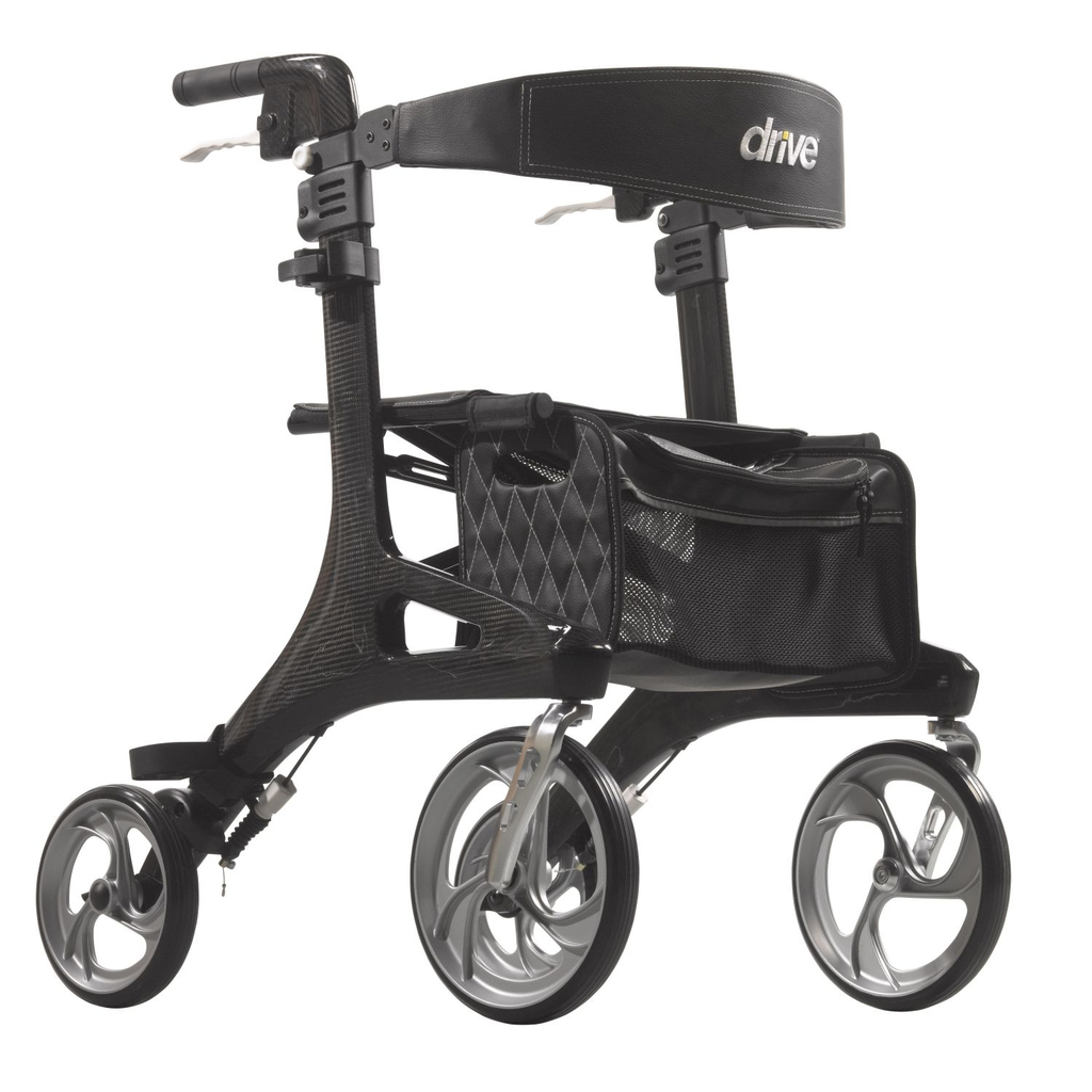 Black carbon fiber rollator walker with seat, front basket pouch, and four wheels