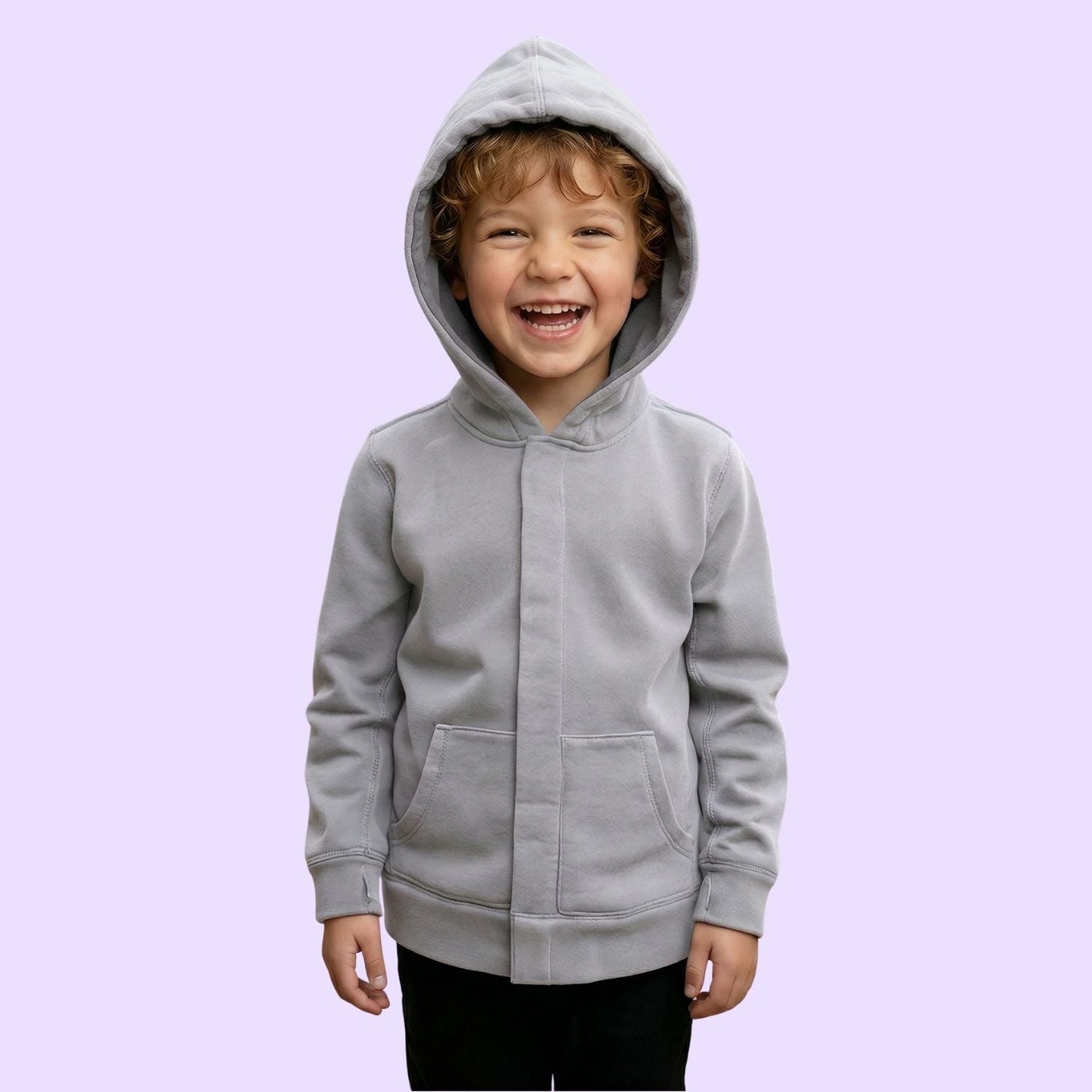 Child wearing a grey QuietSense Sound Reducing Sensory Hoodie with the hood up