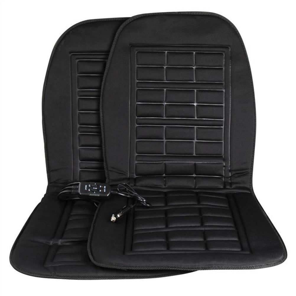 Black heated car seat pad with backrest, seat cushion, and attached power cord