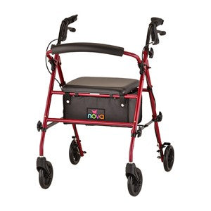 Nova Journey rolling walker with seat and backrest, red frame, four wheels
