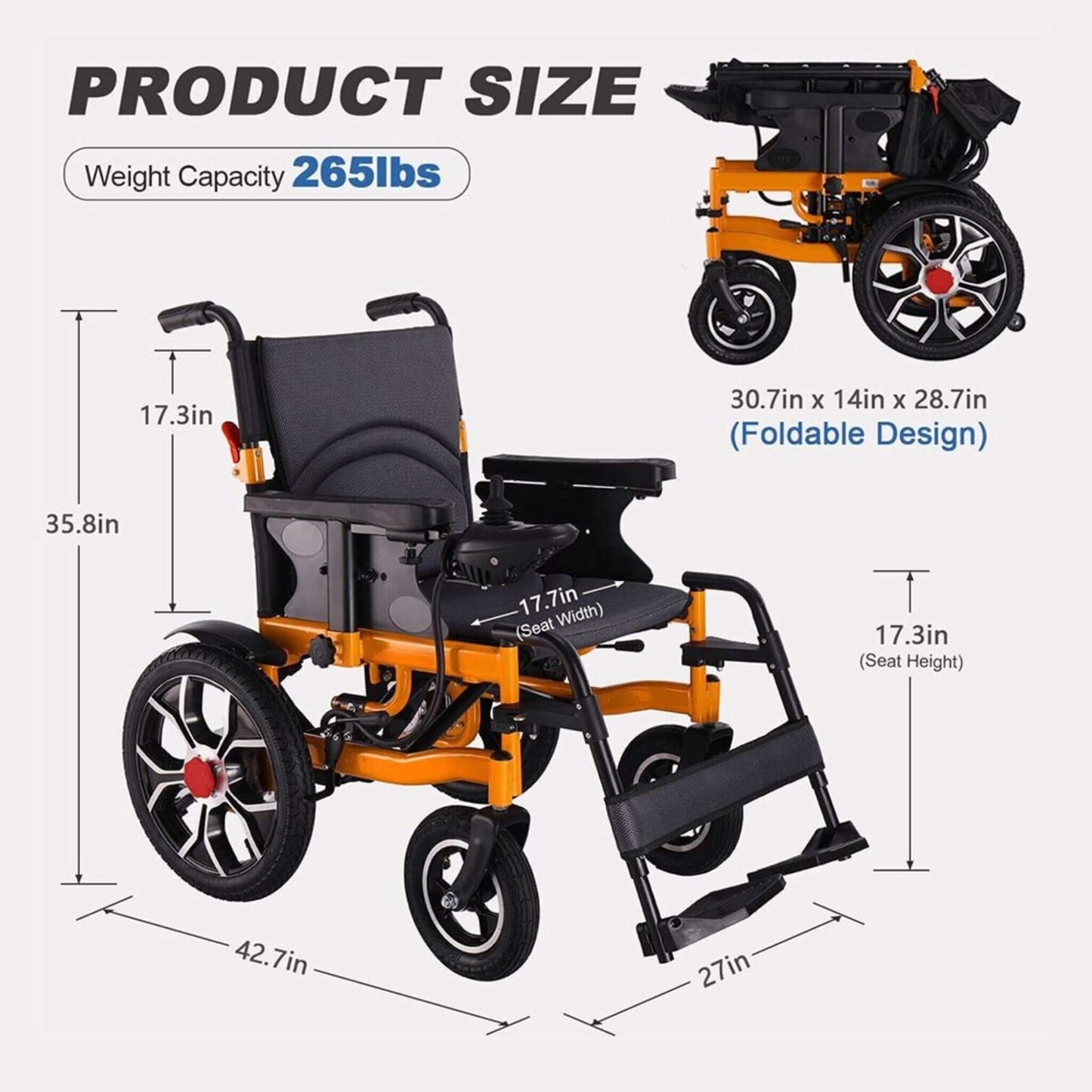 Wheelchair product size diagram with weight capacity 265 lb and folded dimensions