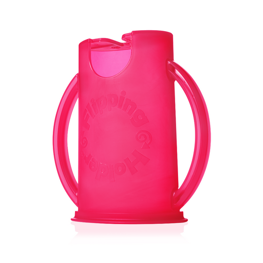 Pink snack pouch flipping holder with lid, side view and wide carrying handles