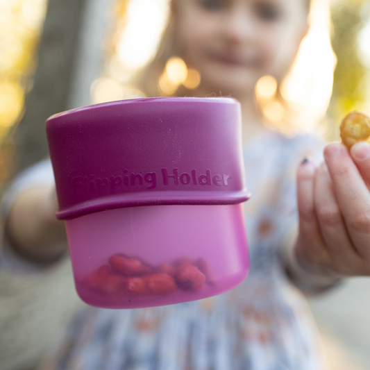 Purple flipping snack cup with lid and wide sipping opening