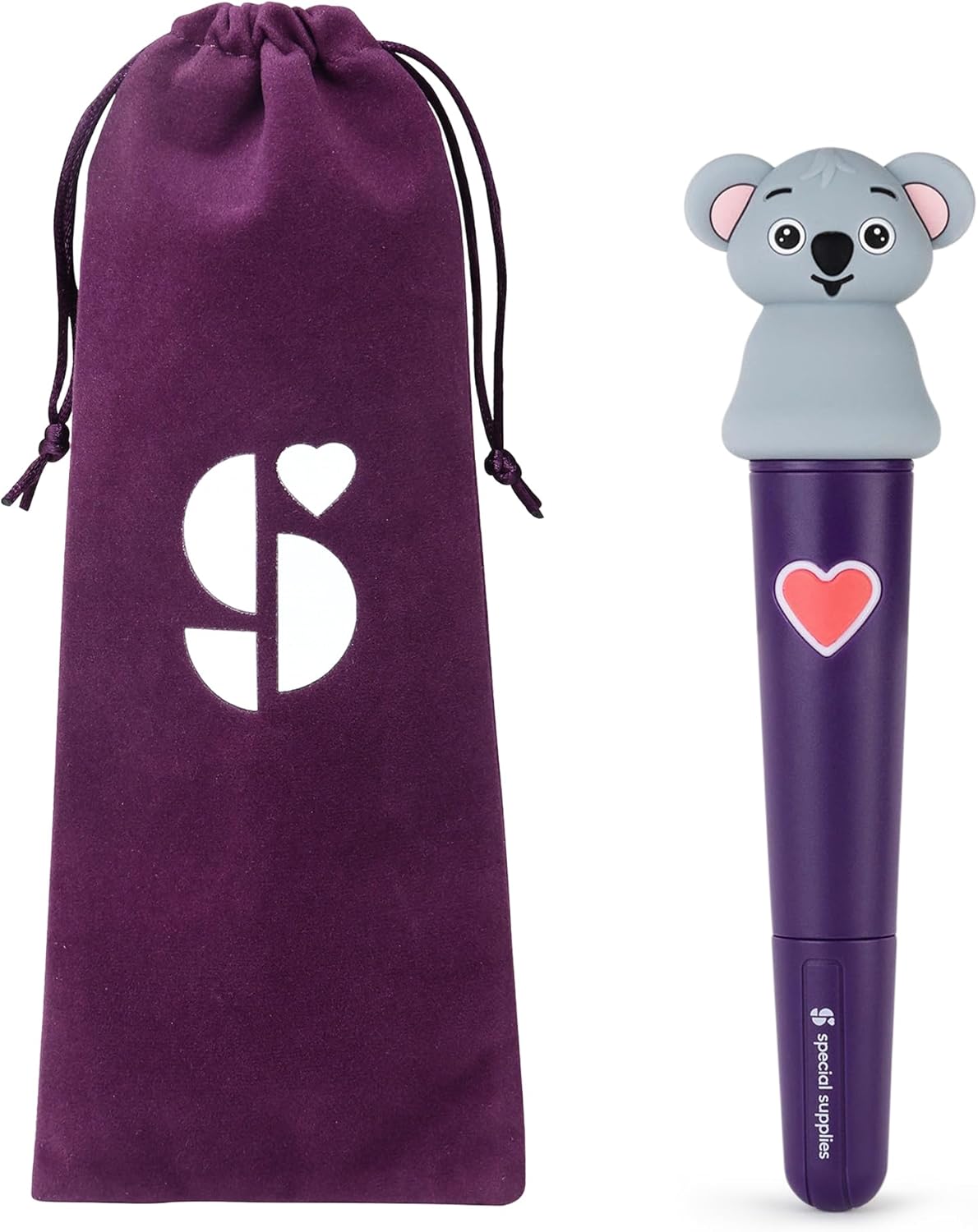 Oral motor stimulation kit with purple drawstring pouch and koala-headed vibrating tool