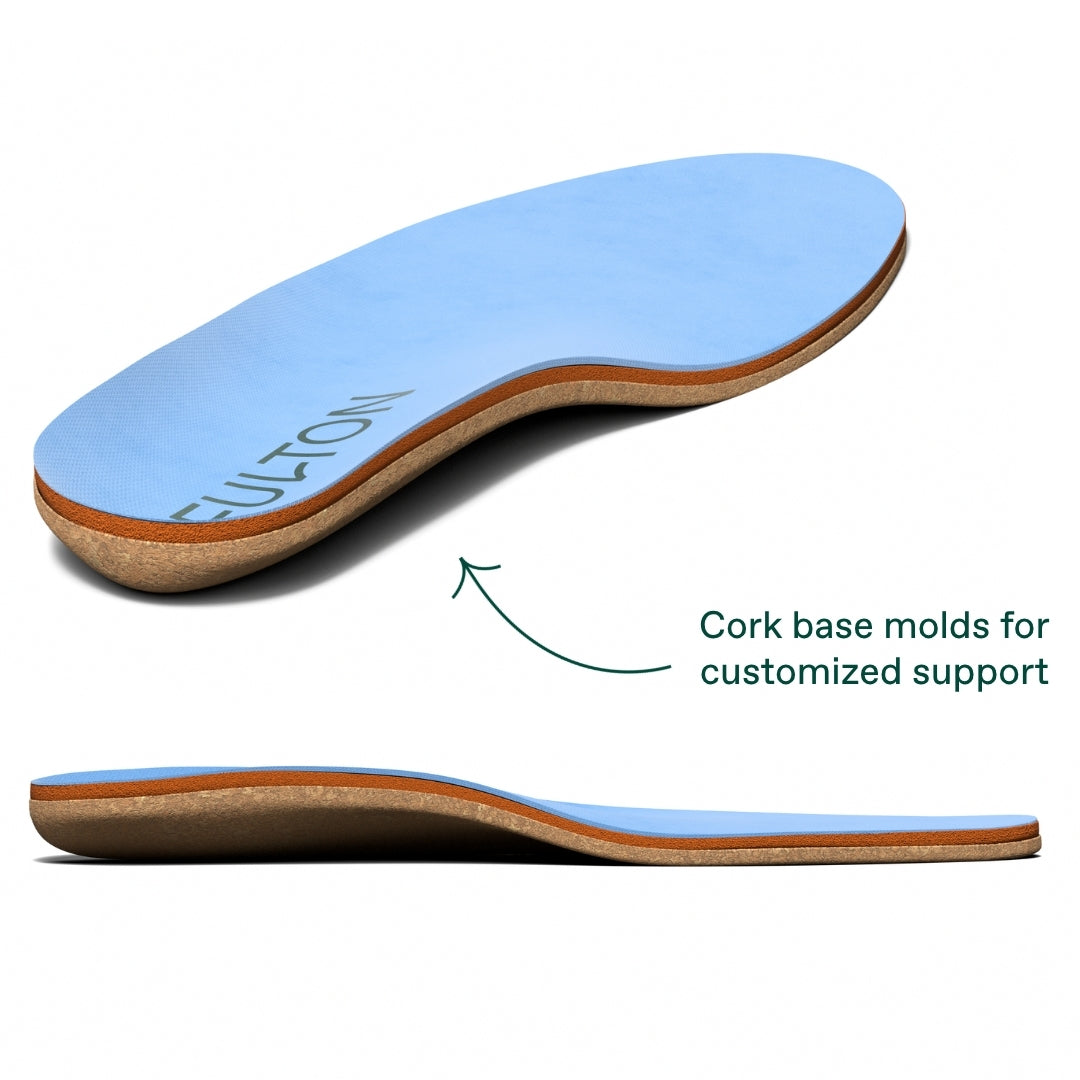 Blue athletic insole with tan cork base and brown perimeter; side profile view.