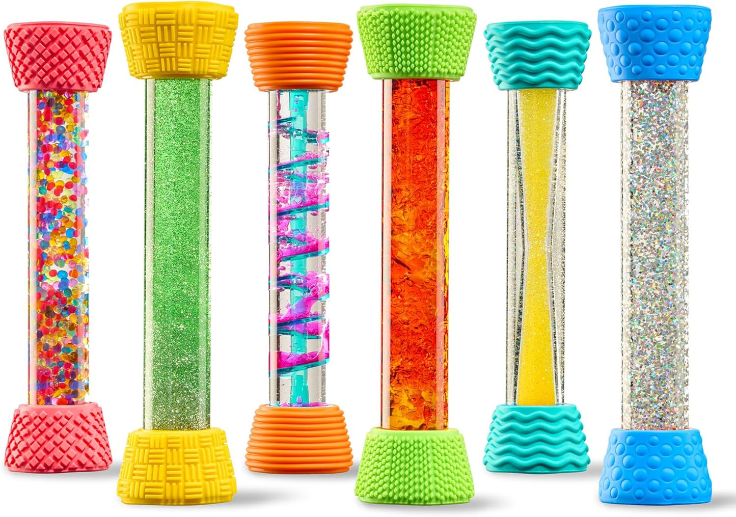 6-pack colorful liquid motion hourglass tubes with textured silicone caps, glitter inside