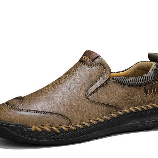 Men's casual shoes, khaki leather upper with lace-up detail and textured rubber sole