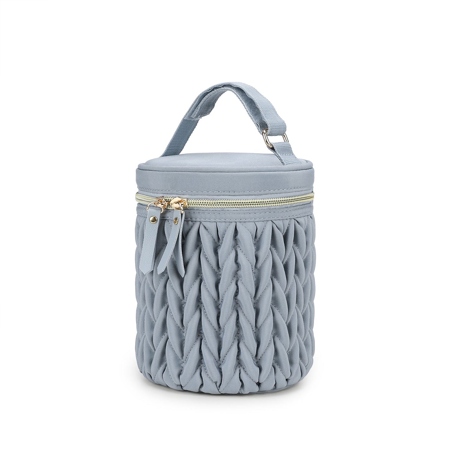 Blue insulated baby bottle bag with carry handle, ruched sides, and gold-tone zipper