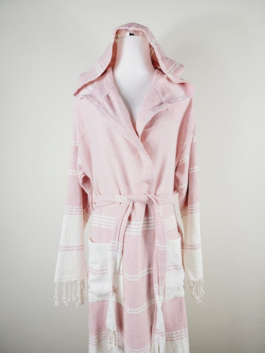 Pink robe with hood and shawl collar; long sleeves, tie waist belt, striped hem