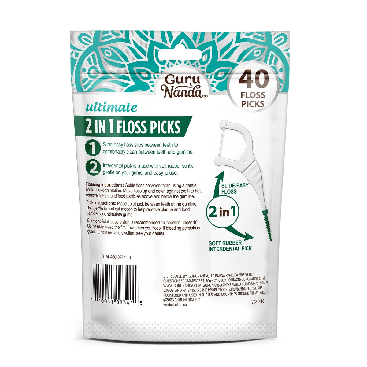 2-in-1 dental floss pick pouch back with 40 count details