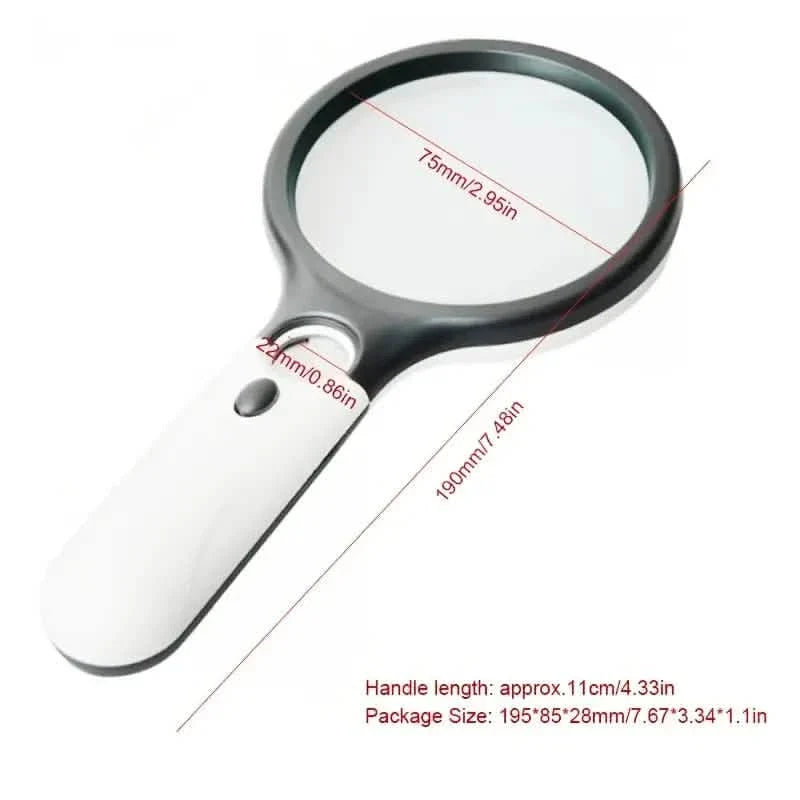 Handheld LED magnifier with white handle and labeled dimensions for size
