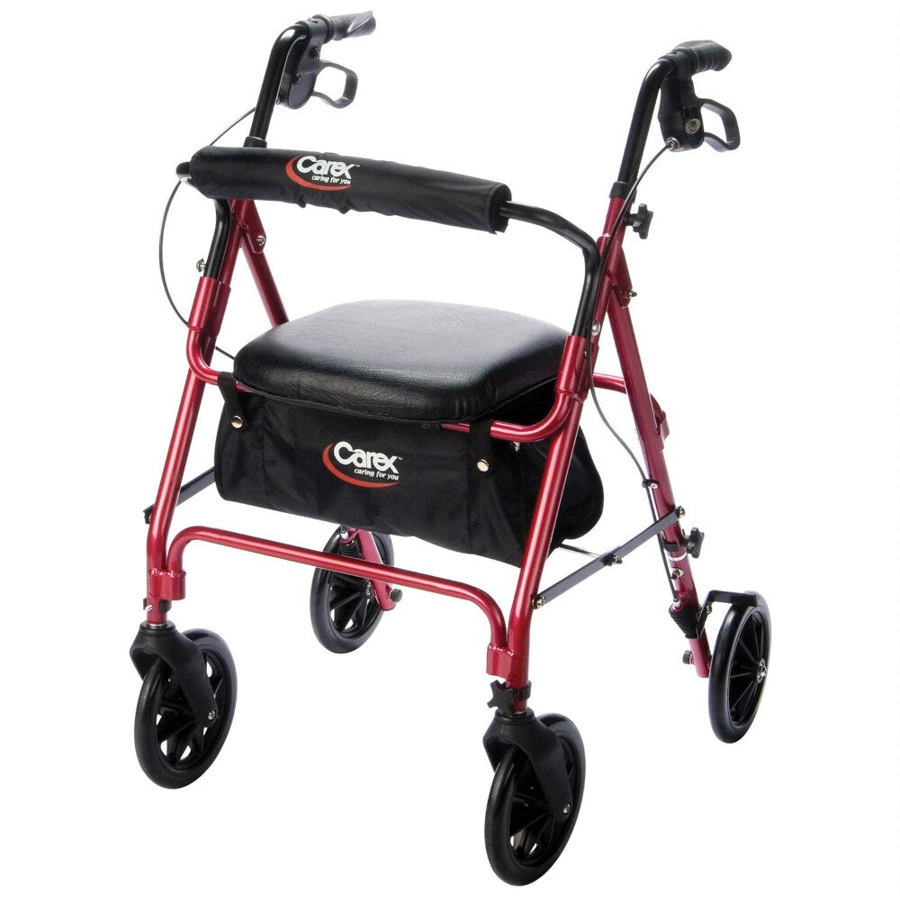 Foldable rollator walker with padded seat, red aluminum frame, and large black wheels