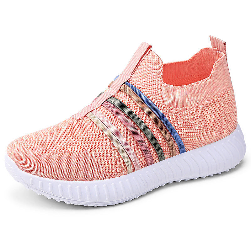 Breathable mesh slip-on sneakers, pink knit upper with striped bands and white sole