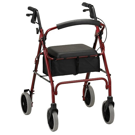 Red rolling walker with padded seat, front basket and four wheels