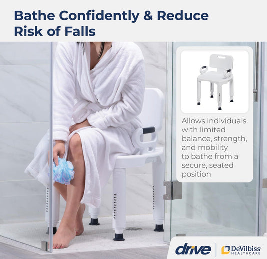 White shower chair with backrest and armrests for secure seated bathing