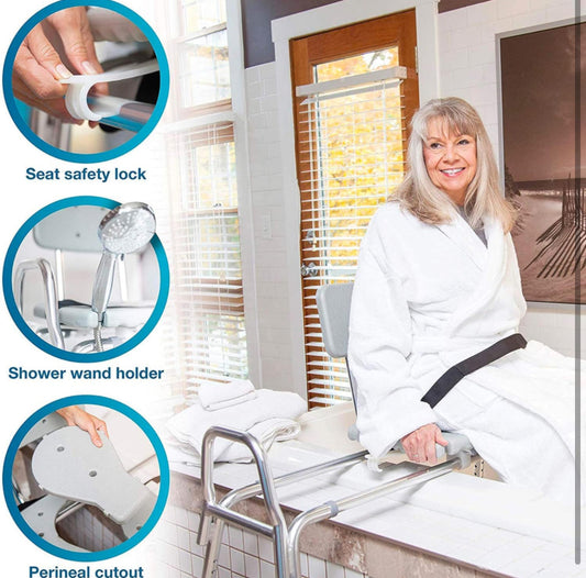 DMI Tub Transfer Bench and Shower Chair with Non Slip Aluminum Body, FSA Eligible, Adjustable Seat Height and Cut Out Access, Holds Weight up to 400 L