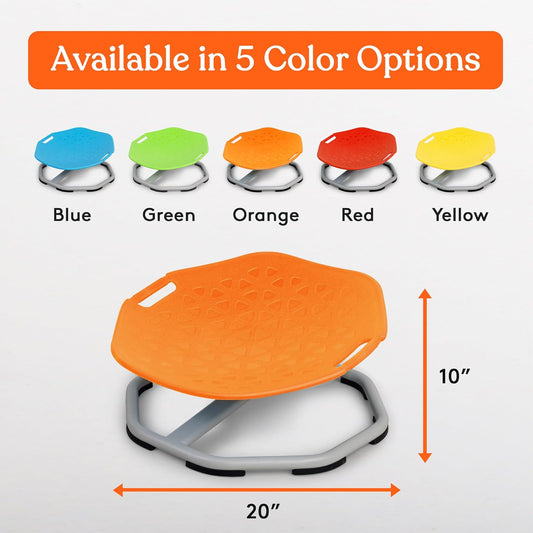 Kids sensory spin chair in five colors: blue, green, orange, red, yellow.