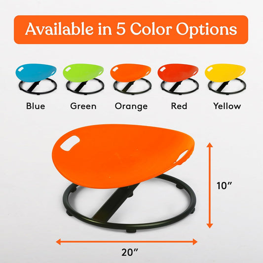 Orange kids spinning chair seat with smile face, mounted on a black circular base