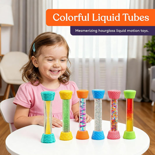 Colorful liquid motion hourglass tubes set with textured silicone covers on a table