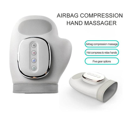 Airbag compression hand massager in light gray with side control buttons and panel