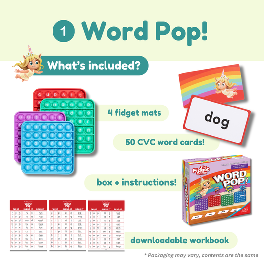 Fidget Word Pop activity set with 4 fidget mats, CV CVC word cards, and instructions