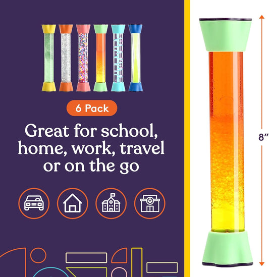 Colorful sensory motion hourglass tube with orange-to-yellow liquid and glitter chamber