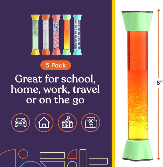 Orange sensory motion tube with sparkly chamber and mint base, hourglass timer style