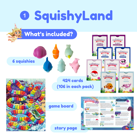 SquishyLand learning set with six colorful squishies, cards, and game board