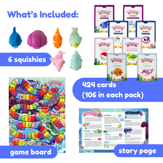 SquishyLand game set with 6 squishy pieces, 424 cards, game board, story page