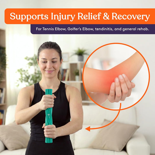 Hand therapy flex bar for exercise, held by hand for wrist and forearm strengthening