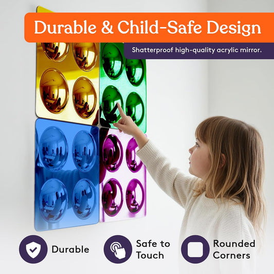 Four-panel acrylic bubble mirror set with reflective bubble circles in blue, purple, green
