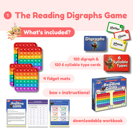 Pop-it style learning mats, word cards, and instruction booklets in a game box