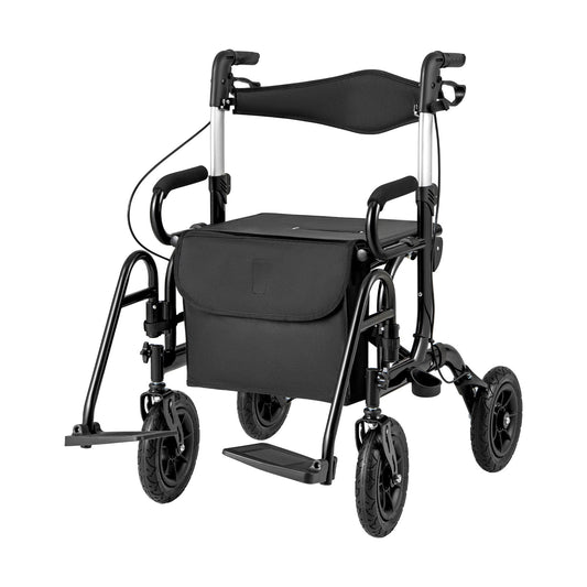 Black 2-in-1 Foldable Rollator Walker with Seat and 9 Inch Pneumatic Tires for Seniors