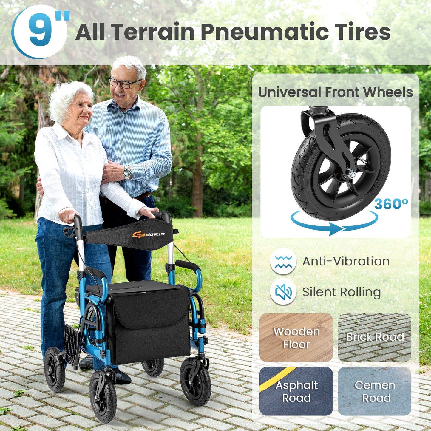 Elderly couple using a walker with all-terrain pneumatic tires, surrounded by greenery.