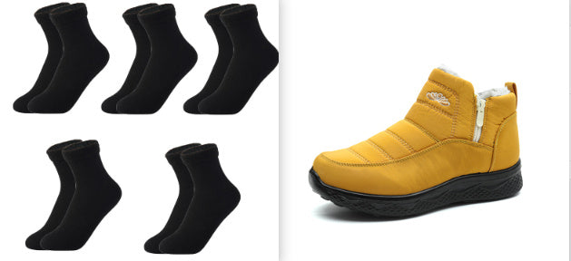 Ankle snow boots set showing multiple black boots and one yellow boot