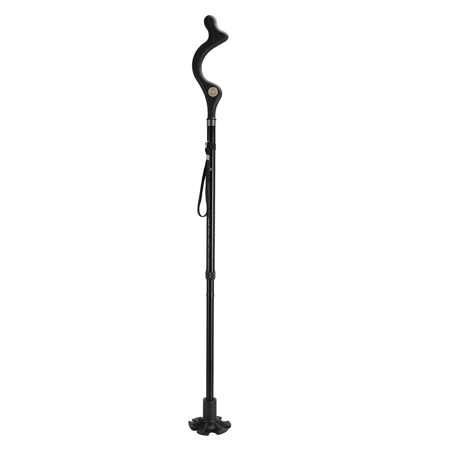 Black collapsible walking cane with curved handle, wrist strap, and rubber tip