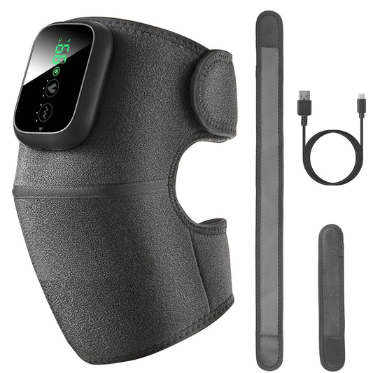 Gray heated massager wrap with touch controller and two included extra-long adjustable straps