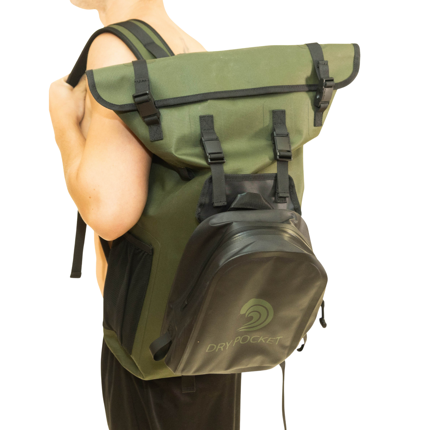 Olive waterproof floating dry bag backpack worn with gray front dry pocket