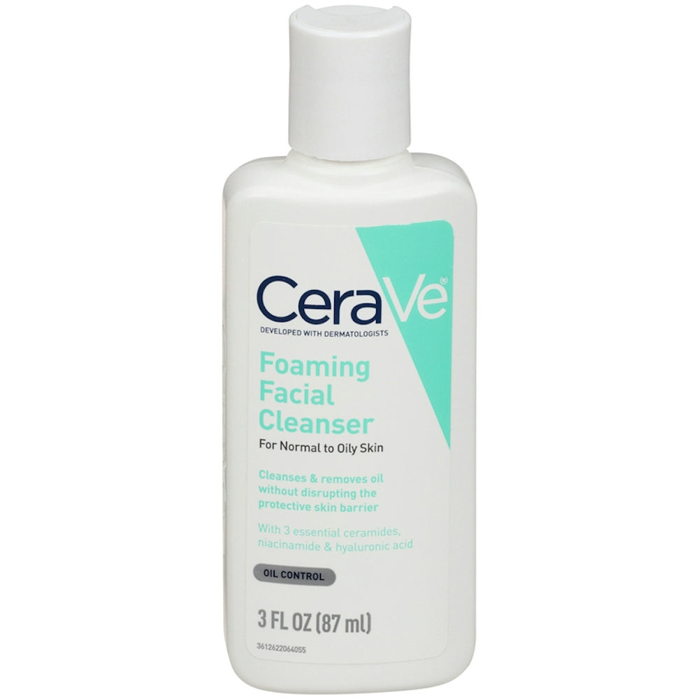 CeraVe foaming facial cleanser bottle, 3 fl oz (87 ml), flip-top cap