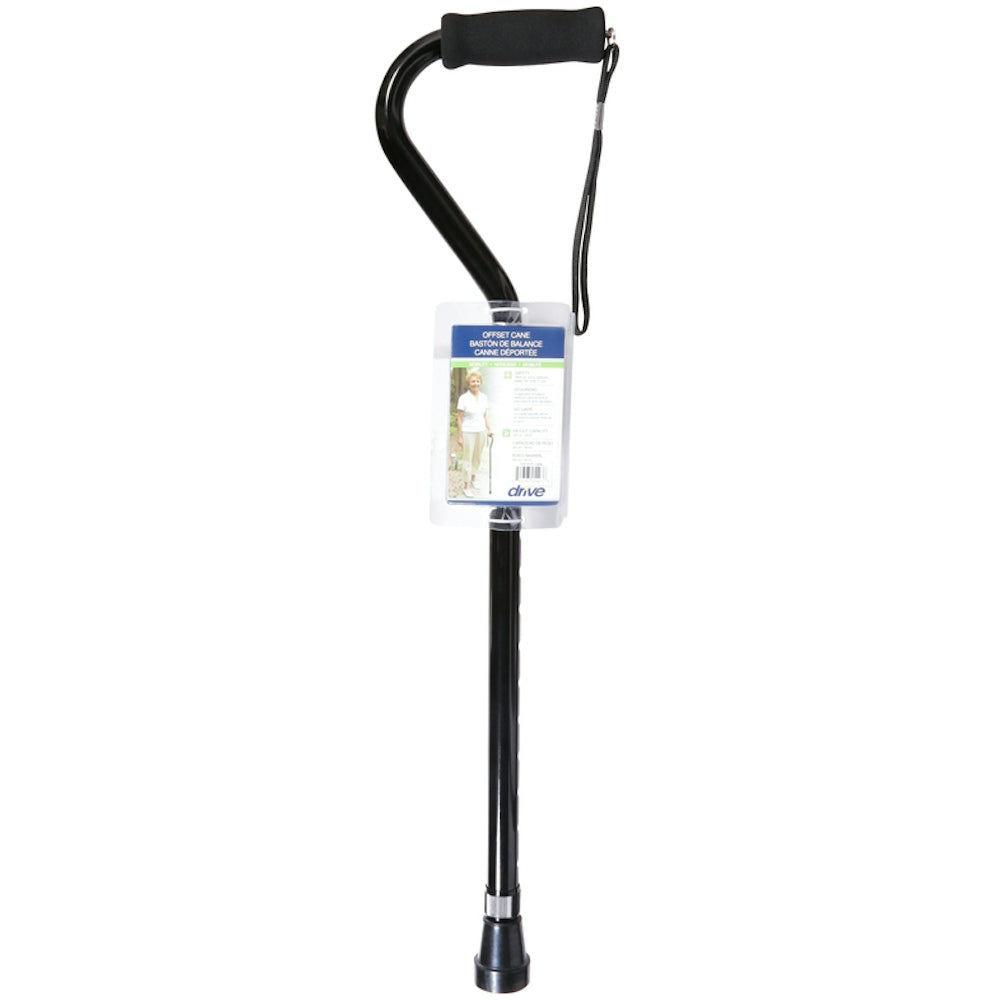 Black offset-handle walking cane with foam grip and wrist strap