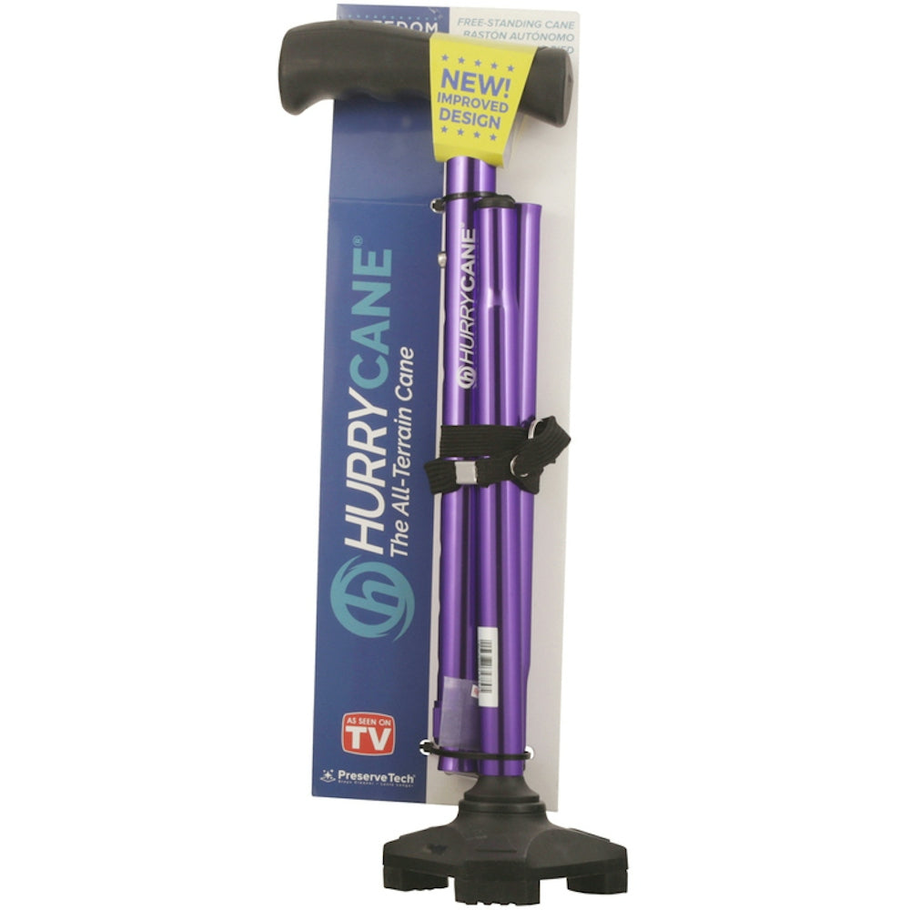 Purple folding cane with black handle and wide rubber base